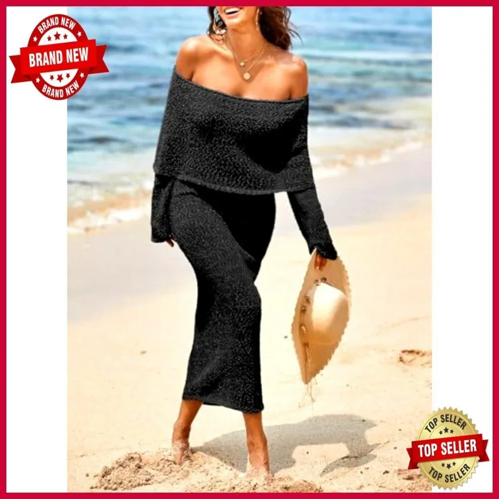 Off Shoulder Maxi Dress Sheer Bodycon Long Sleeve Beach Coverup Sexy